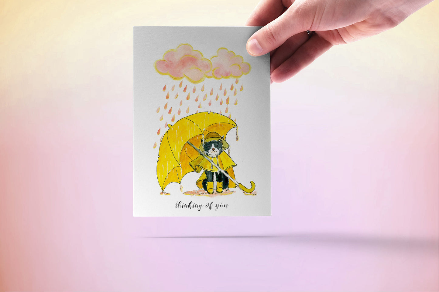 Silver Lining Cat Thinking Of You Card For Best Friends - Sympathy Card From Black And White Tuxedo Cat - Rainy Day Cloud