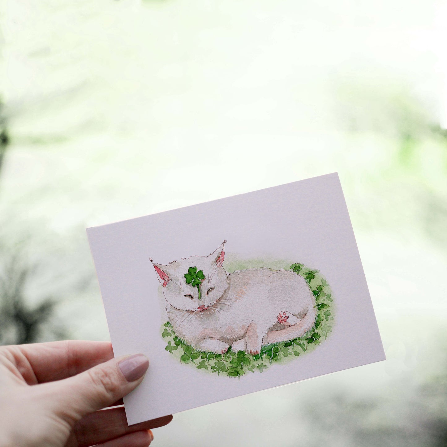 Lucky Clovers Cat Good Luck Card For Friends - Four Leaf Shamrock Cards - Saint Patrick's Day Card For Her