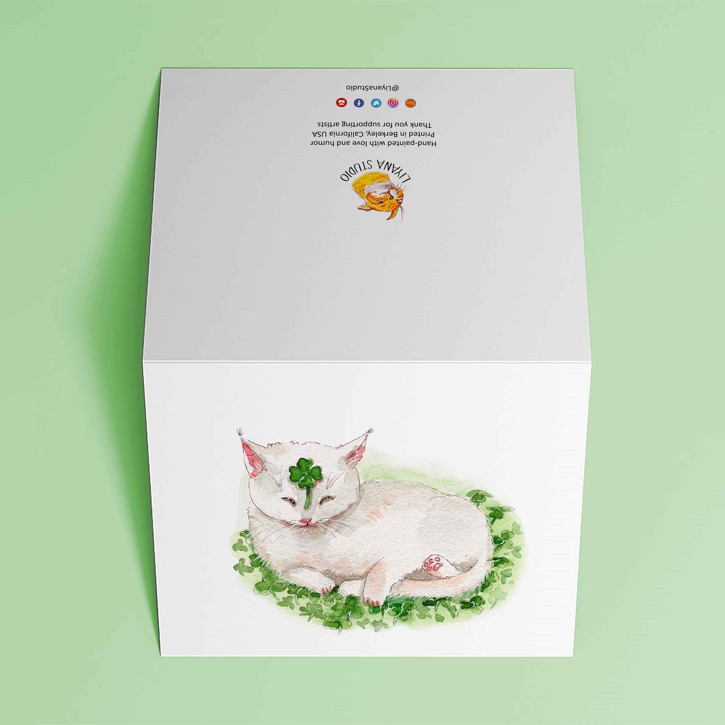 Lucky Clovers Cat Good Luck Card For Friends - Four Leaf Shamrock Cards - Saint Patrick's Day Card For Her