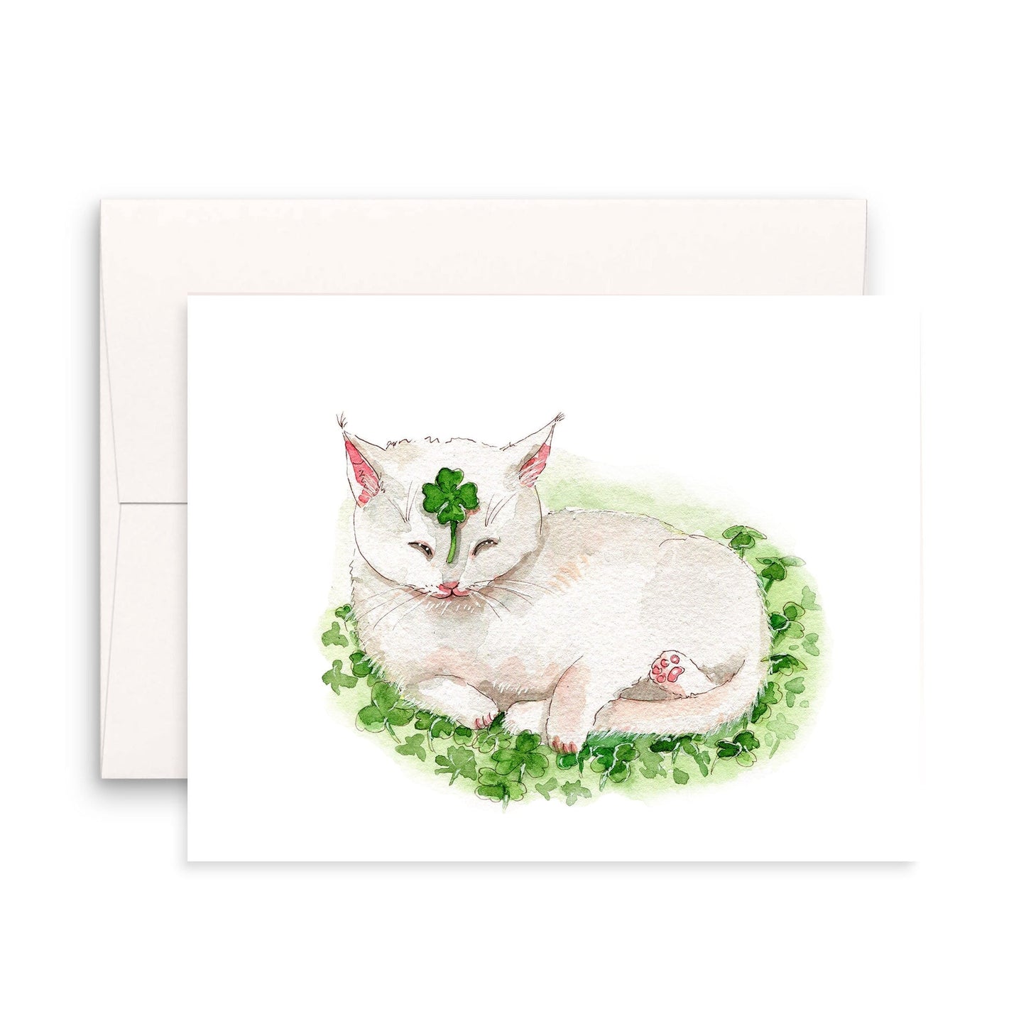 Lucky Clovers Cat Good Luck Card For Friends - Four Leaf Shamrock Cards - Saint Patrick's Day Card For Her