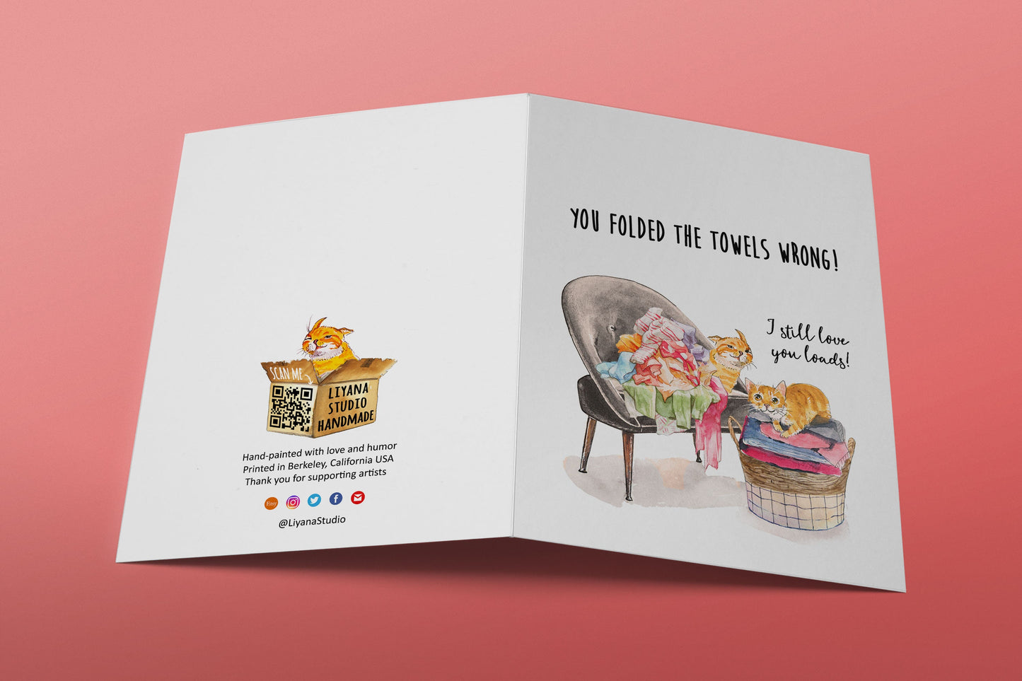 Laundry Cat Funny Anniversary Cards For Husband - You Fold Towels Wrong - 4th Linen Anniversary Card For Him