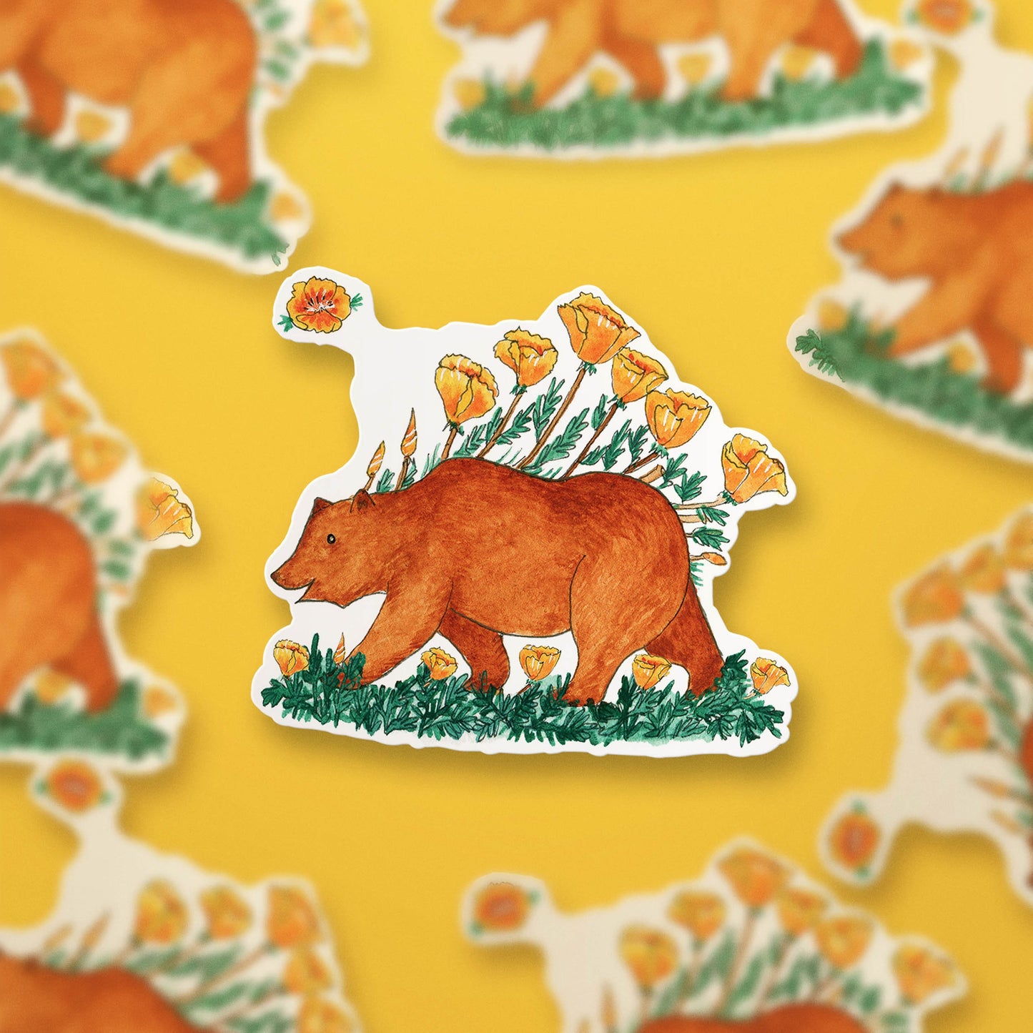 Poppy Flower Bear Sticker - California Flag Travel Lover Gift - Water Bottle Waterproof Stickers For Nature Hiking Adventure - Liyana Studio