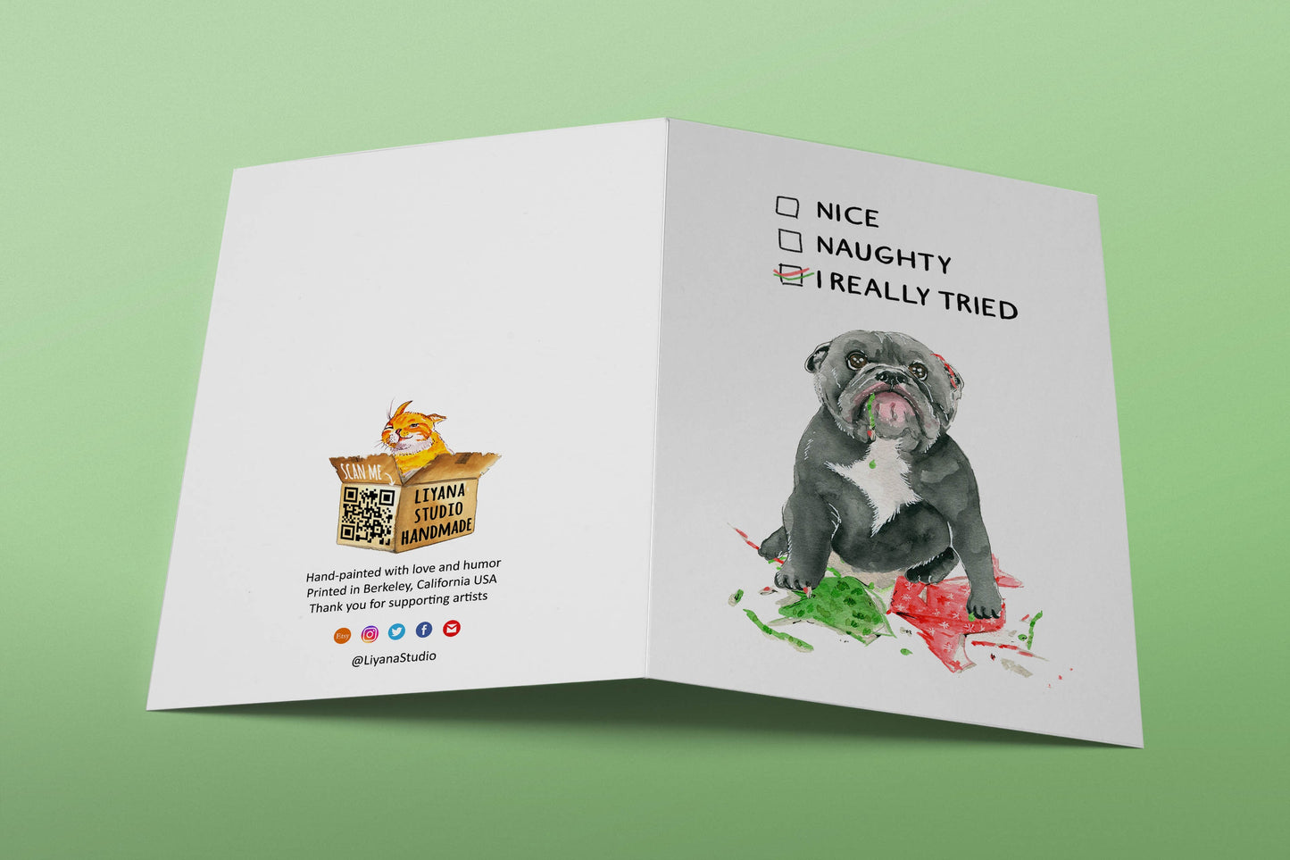 Pitbull Dog Christmas Card Funny - Naughty Or Nice - Bull Dog Mom Holiday Gift - Liyana Studio