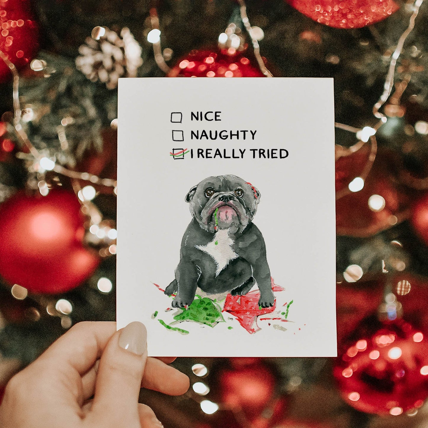 Pitbull Dog Christmas Card Funny - Naughty Or Nice - Bull Dog Mom Holiday Gift - Liyana Studio