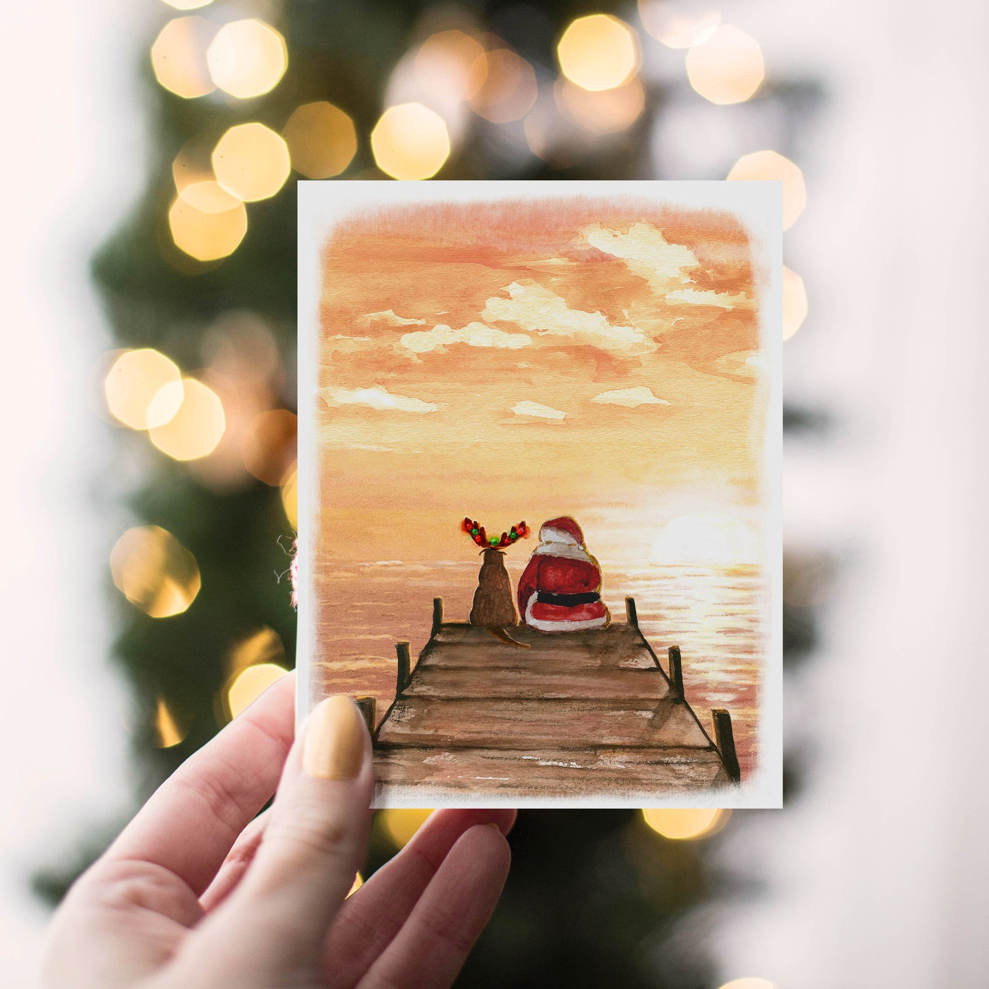 Sunset Christmas Card Set - Santa's Dog Boat Dock Gift For Her - Tropical Beach Christmas In July Lake House Gifts For Him