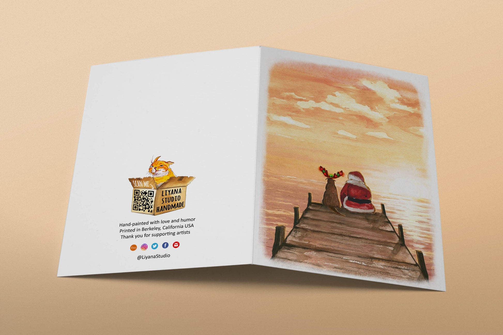 Sunset Christmas Card Set - Santa's Dog Boat Dock Gift For Her - Tropical Beach Christmas In July Lake House Gifts For Him