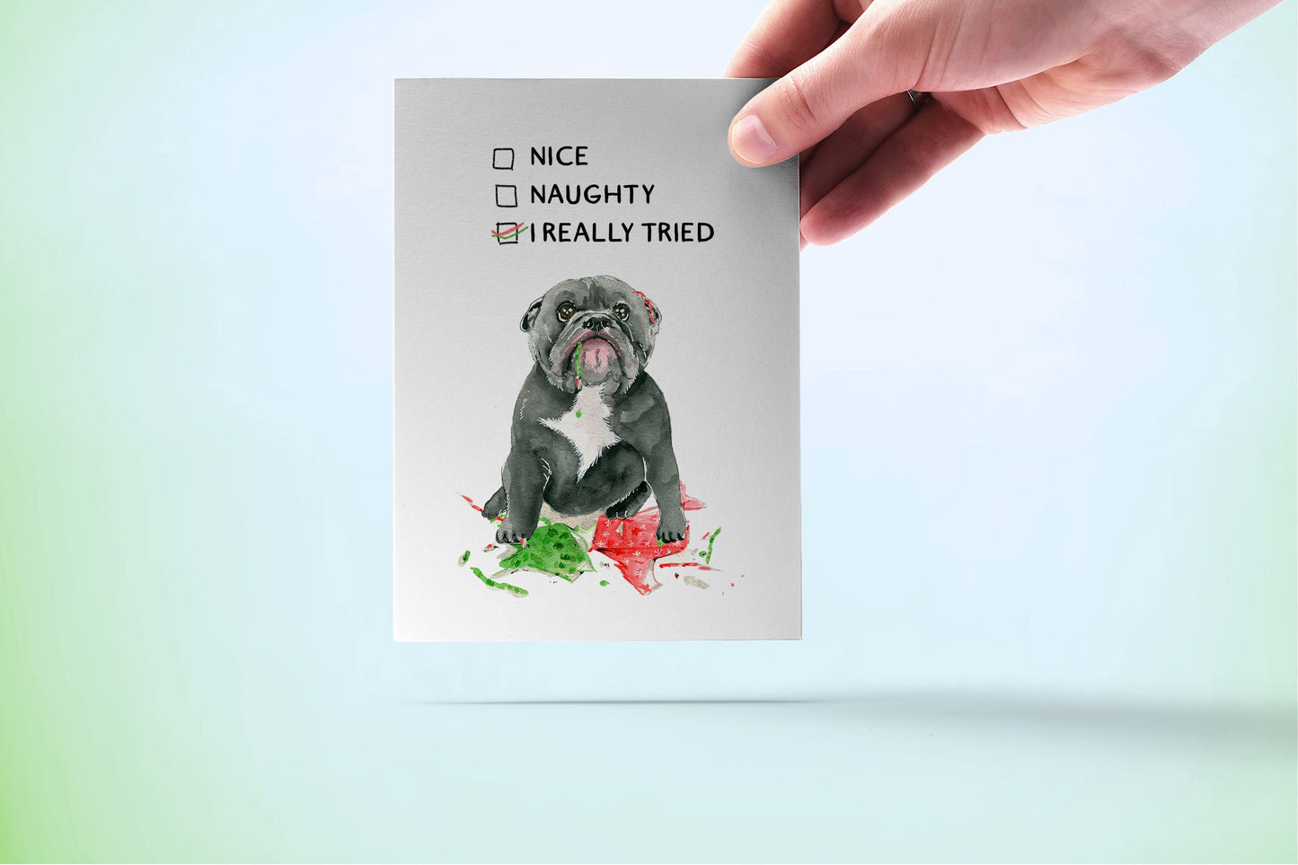 Pitbull Dog Christmas Card Funny - Naughty Or Nice - Bull Dog Mom Holiday Gift - Liyana Studio