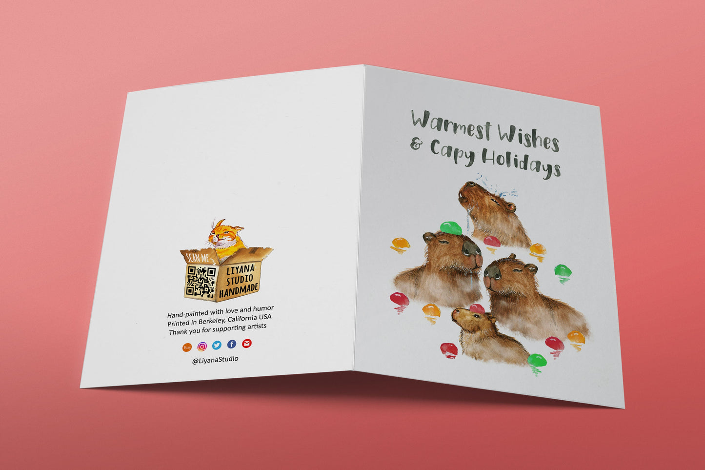 Capybara Holiday Cards For Friends - Hot Spring Bathing Capy Family Funny Christmas Card Set - Happy New Year Cards From Baby -Liyana Studio
