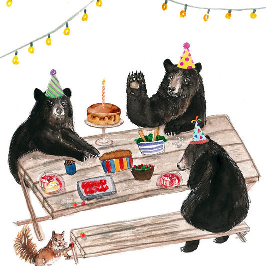 Black Bear Birthday Cards For Her - Picnic Kids Birthday Party Card - Whimsical Woodland Animals Birthday Card Funny - Liyana Studio