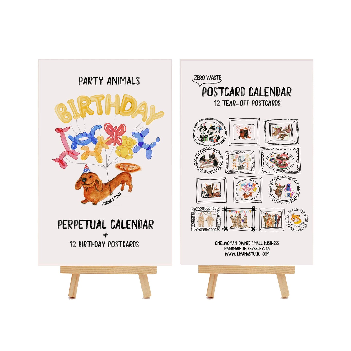 Postcard Perpetual Calendar - Party Animal Birthday Calendar - Watercolor Illustrated Small Desk Calendar With Stand - Liyana Studio