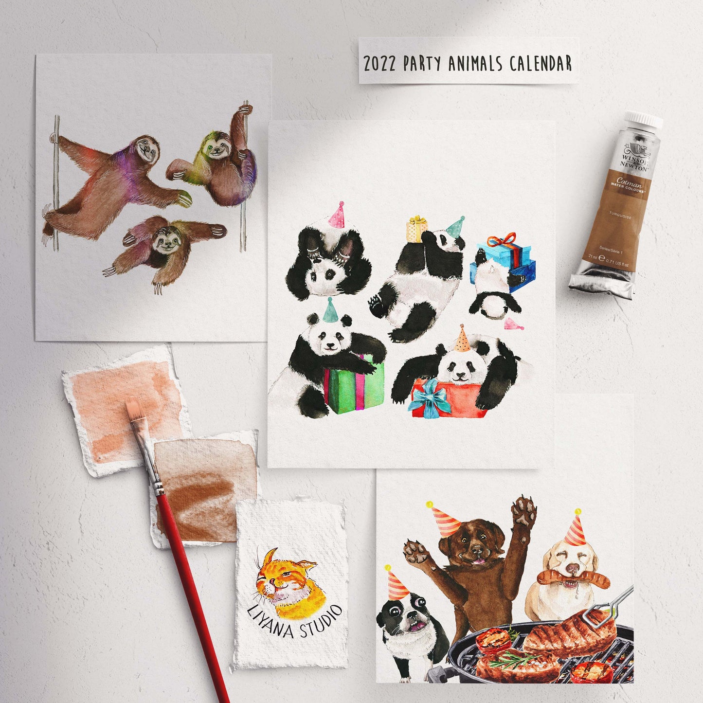 Postcard Perpetual Calendar - Party Animal Birthday Calendar - Watercolor Illustrated Small Desk Calendar With Stand - Liyana Studio