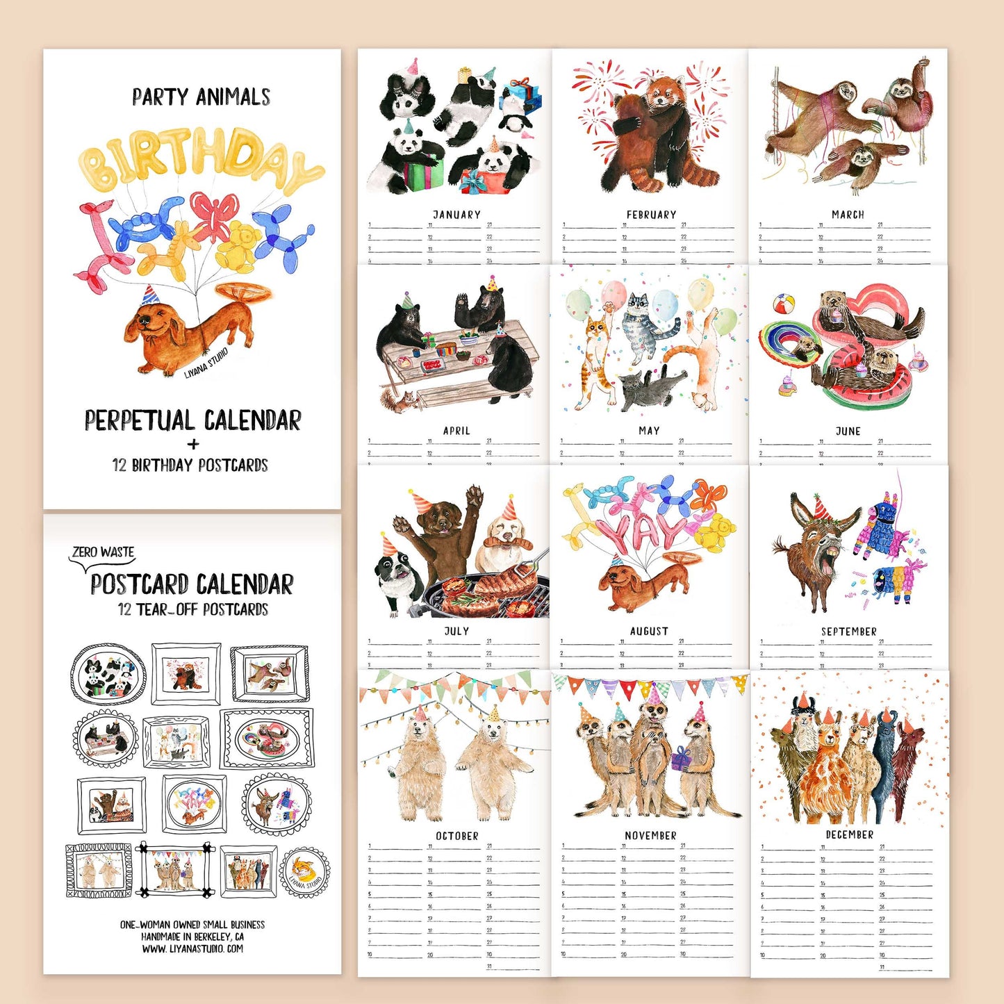 Postcard Perpetual Calendar - Party Animal Birthday Calendar - Watercolor Illustrated Small Desk Calendar With Stand - Liyana Studio