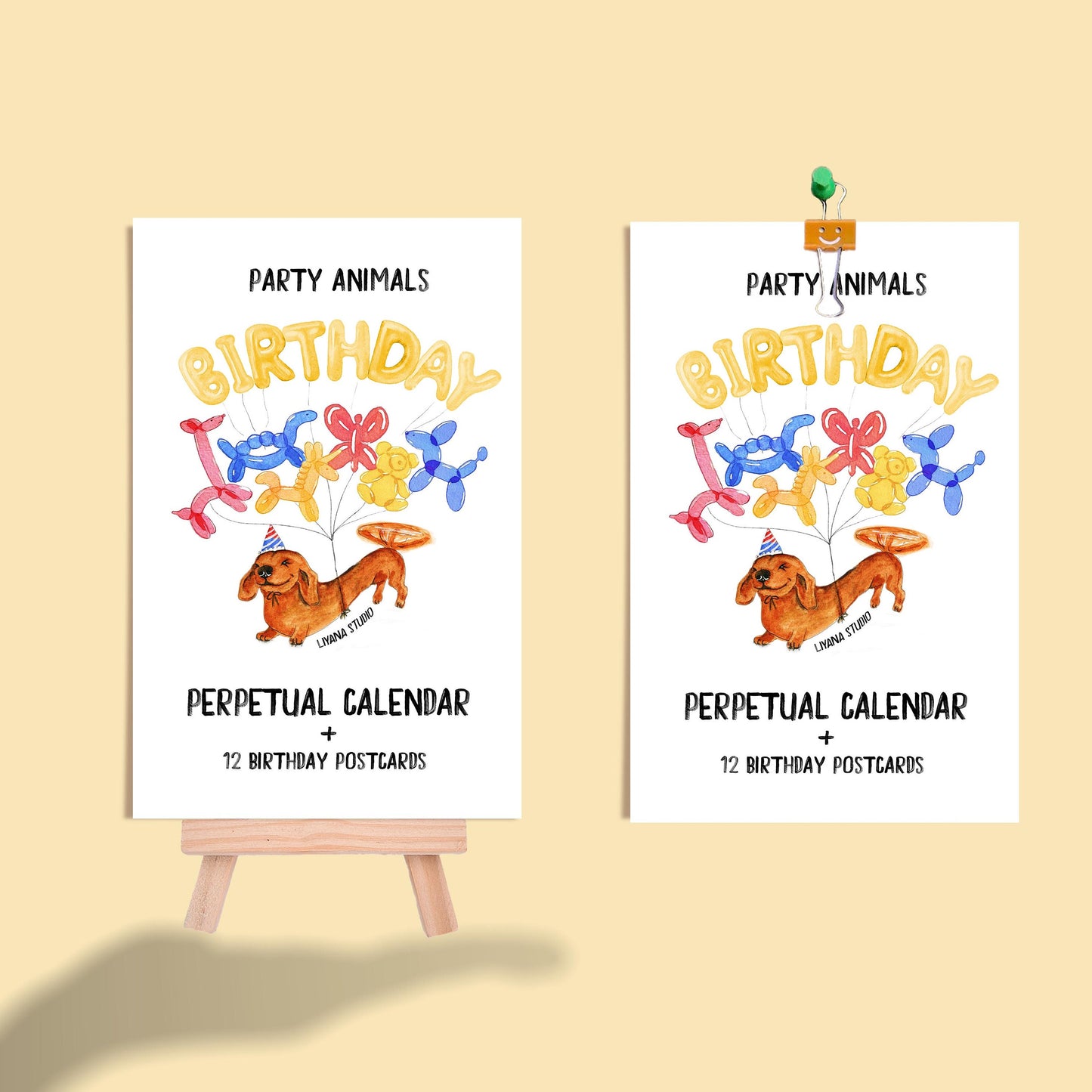 Postcard Perpetual Calendar - Party Animal Birthday Calendar - Watercolor Illustrated Small Desk Calendar With Stand - Liyana Studio