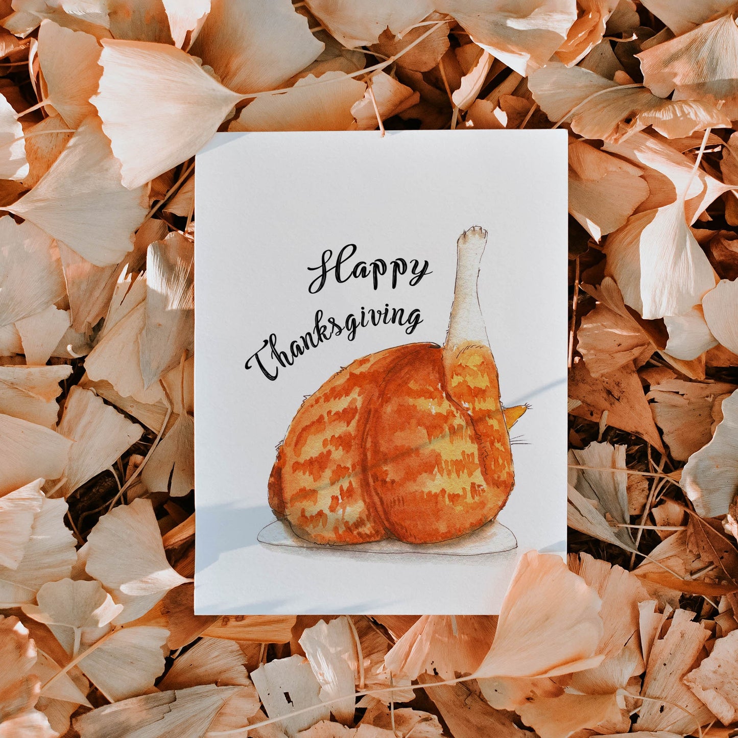 Cat Turkey Leg Happy Thanksgiving Cards Funny - Tabby Orange Cat Holiday Card For Cat Lover Gift - Handmade By Liyana Studio Greetings