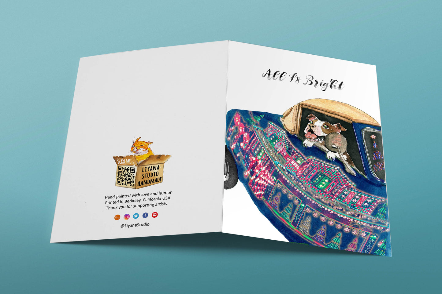 Winter Wonderland Dog Christmas Card Funny - All Is Bright Christmas Light - Pit bull Dog Holiday Cards Pack - Handmade By Liyana Studio