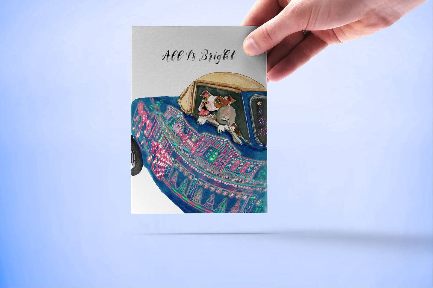 Winter Wonderland Dog Christmas Card Funny - All Is Bright Christmas Light - Pit bull Dog Holiday Cards Pack - Handmade By Liyana Studio