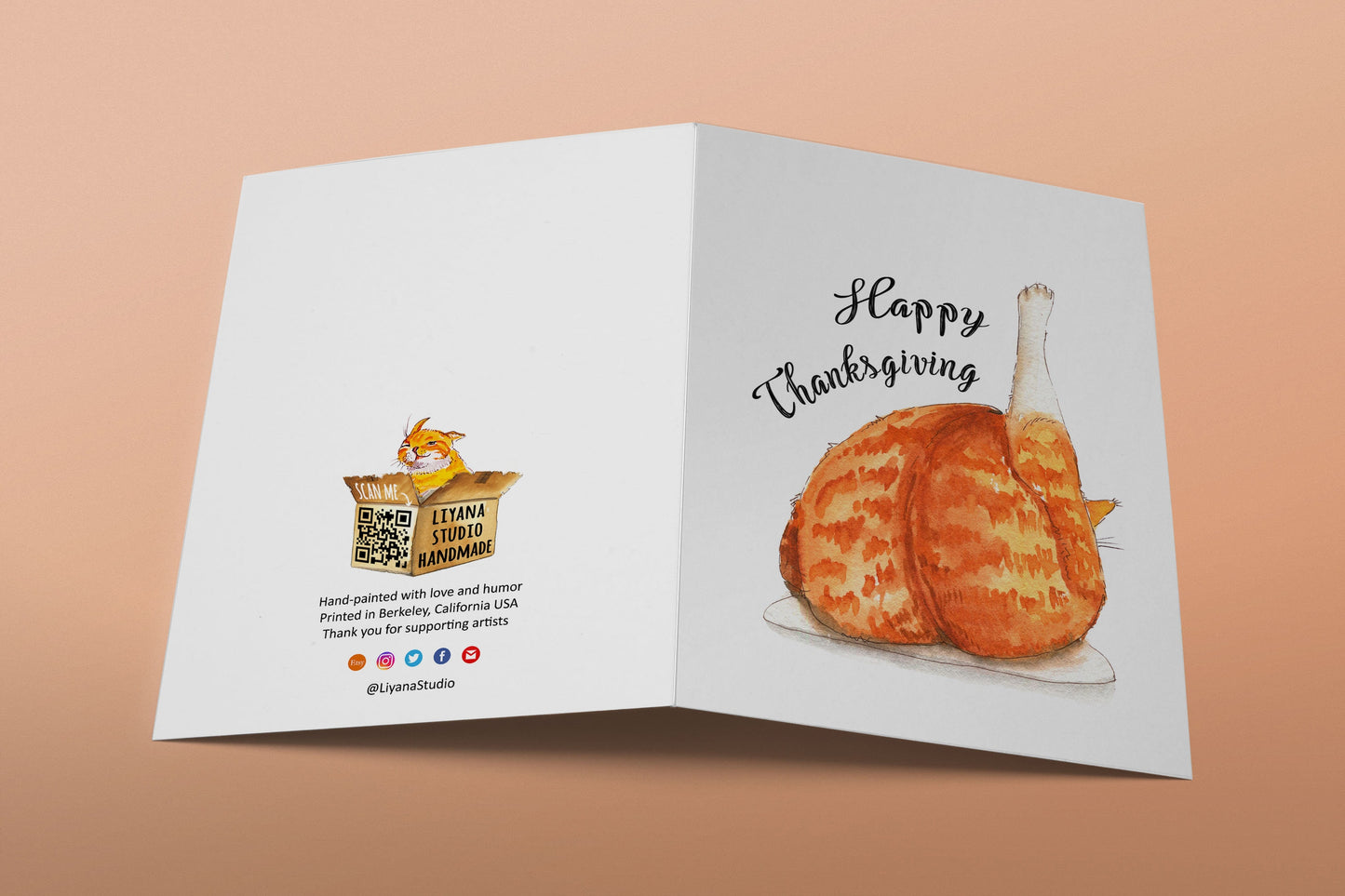 Cat Turkey Leg Happy Thanksgiving Cards Funny - Tabby Orange Cat Holiday Card For Cat Lover Gift - Handmade By Liyana Studio Greetings
