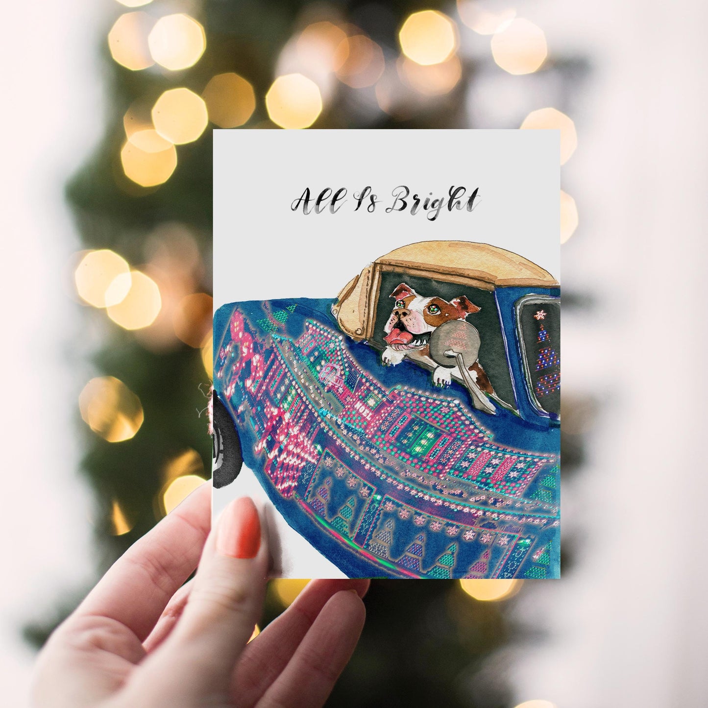 Winter Wonderland Dog Christmas Card Funny - All Is Bright Christmas Light - Pit bull Dog Holiday Cards Pack - Handmade By Liyana Studio