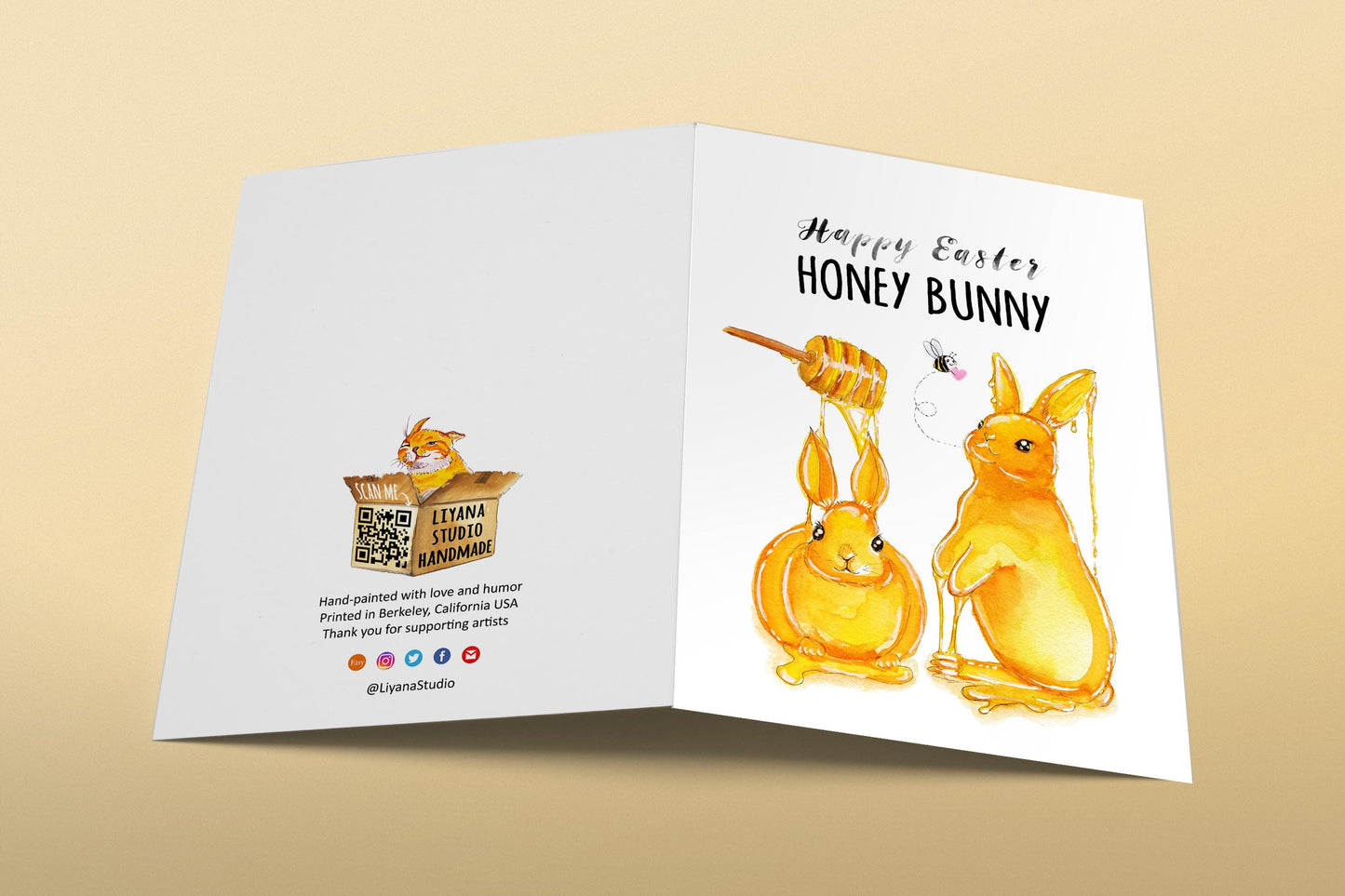 Honey Bunny Funny Easter Cards For Kids - Watercolor Happy Easter Bunny Card For Grandkids - Liyana Studio Greeting Cards Handmade