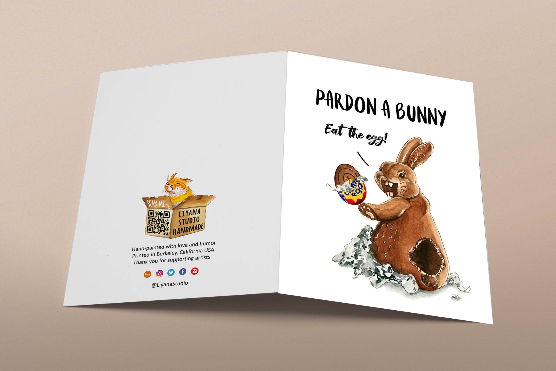 Chocolate Bunny Easter Cards For Kids - Easter Egg Funny Easter Card For Friends - Liyana Studio Greeting Cards Handmade