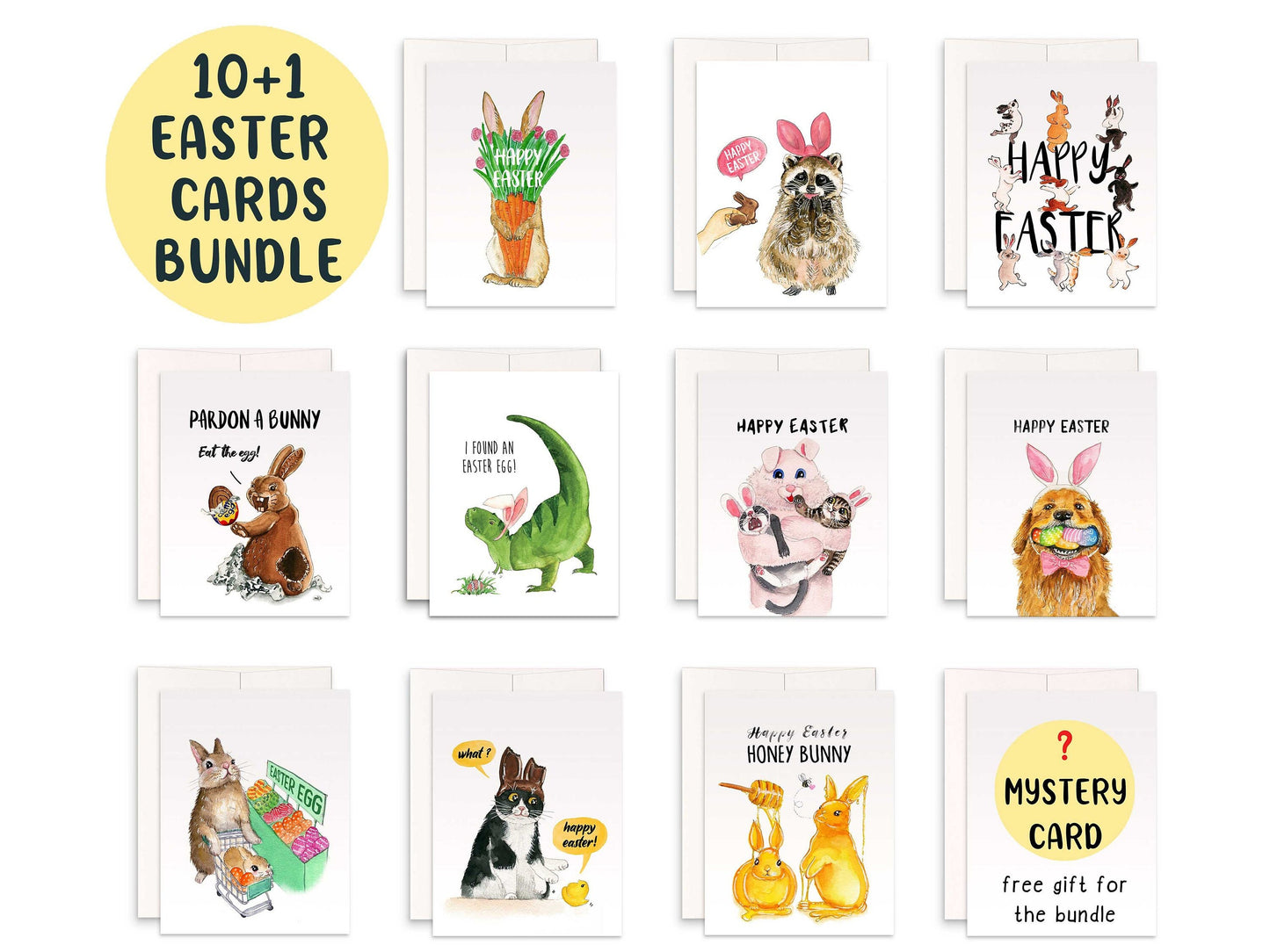 10 Happy Easter Cards Pack - Easter Bunny Egg Basket Gifts- Spring Greeting Card Pack For Kids - Liyana Studio Greeting Cards Handmade