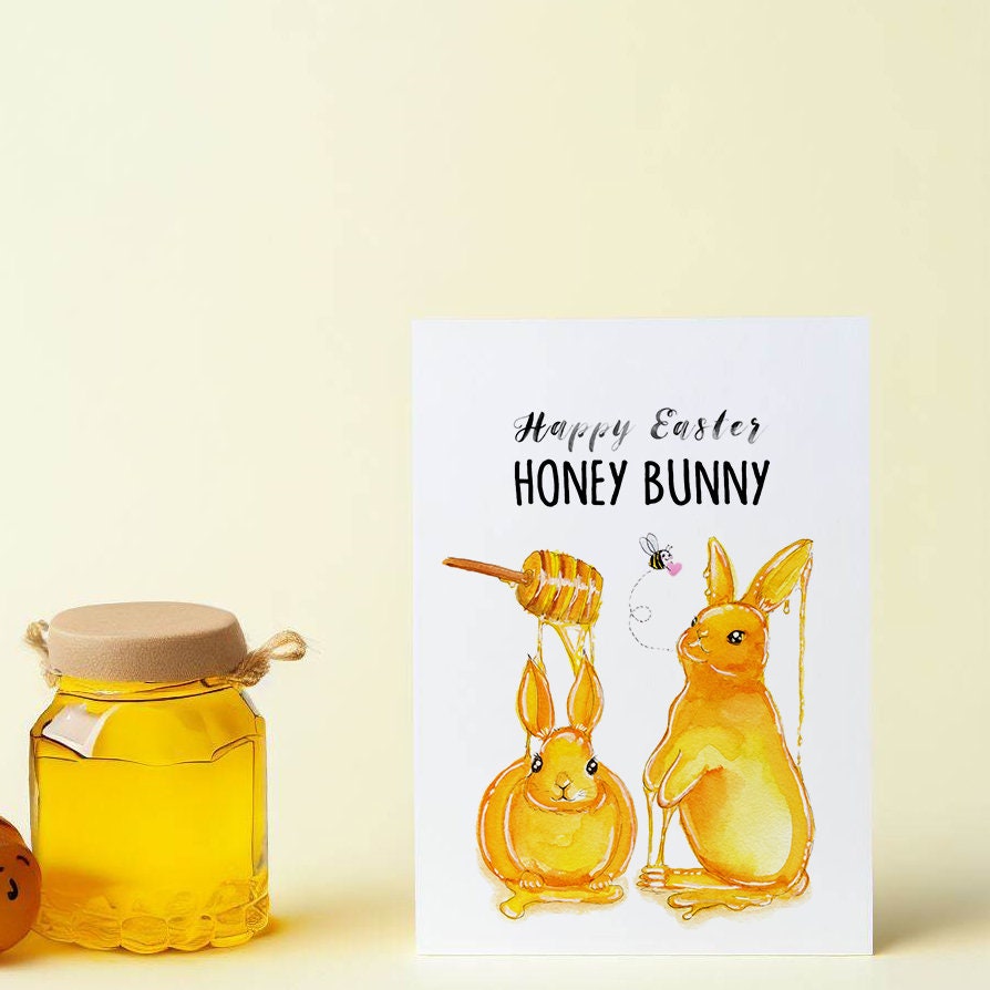 Honey Bunny Funny Easter Cards For Kids - Watercolor Happy Easter Bunny Card For Grandkids - Liyana Studio Greeting Cards Handmade