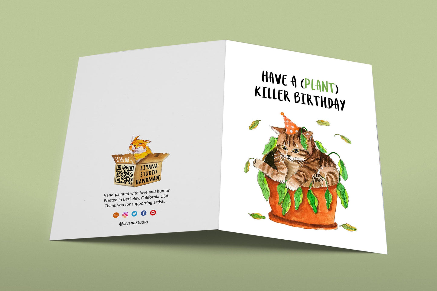 Cat Plant Killer Funny Birthday Cards For Plant Lady - House Plant Lover Gift For Her - Indoor Plant Mom Card For Cat Lovers