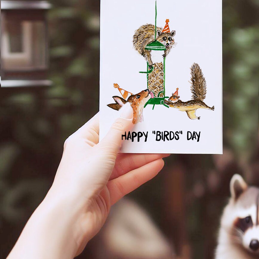 Bird Feeder Funny Birthday Cards For Bird Watching - Bird Birthday Card For Bird Lover - Nature Lover Squirrel Raccoon Deer - Liyana Studio
