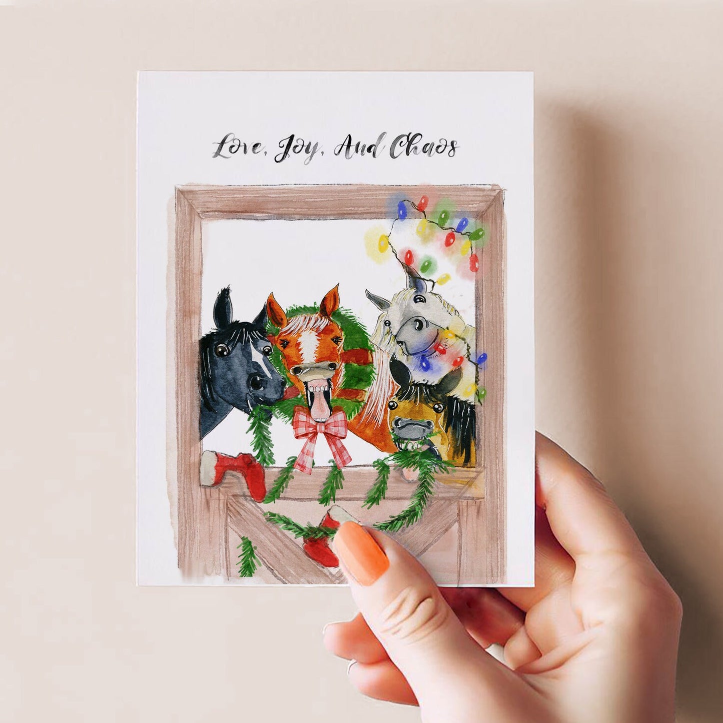 Barn Horses Christmas Cards Funny For Horse Lovers - Stable Farmhouse Holiday Cards For Her - Liyana Studio Handmade Greetings