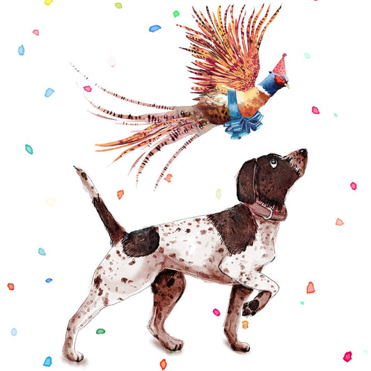 Pointing Pheasant Funny Birthday Cards For Hunter - German Shorthaired Pointer Dog Birthday Card - Liyana Studio Handmade Greetings