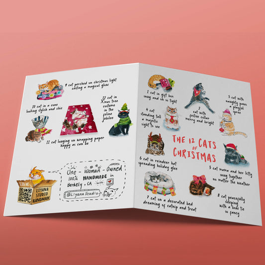 Funny Cat Christmas Cards - 12 Days Of Christmas Gifts For Cat Lovers - Handmade By Liyana Studio Greeting Cards