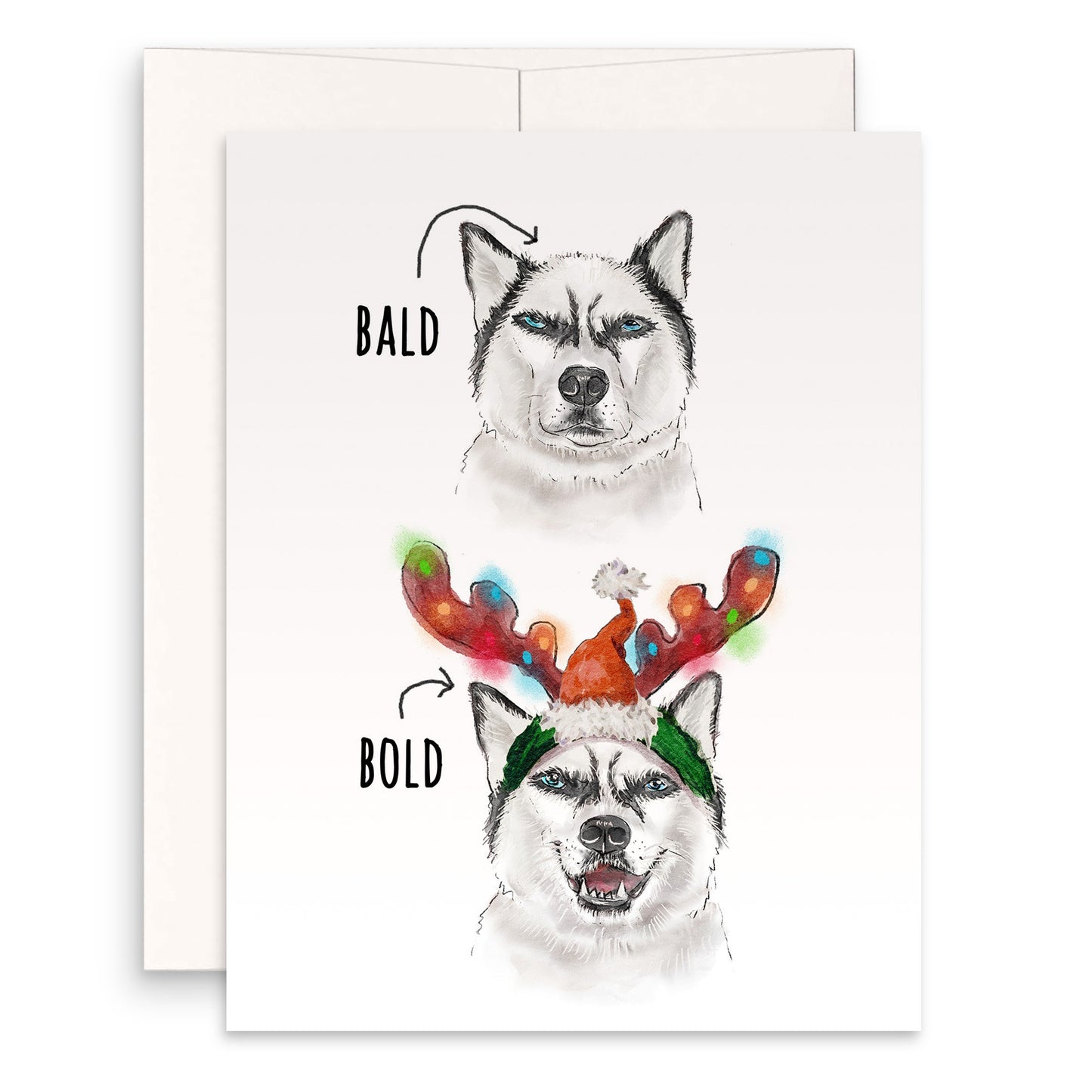 Bald To Bold Husky Dog Christmas Card Funny - Christmas Gifts For Men - Happy Holiday Cards For Dog Lover - Liyana Studio Handmade
