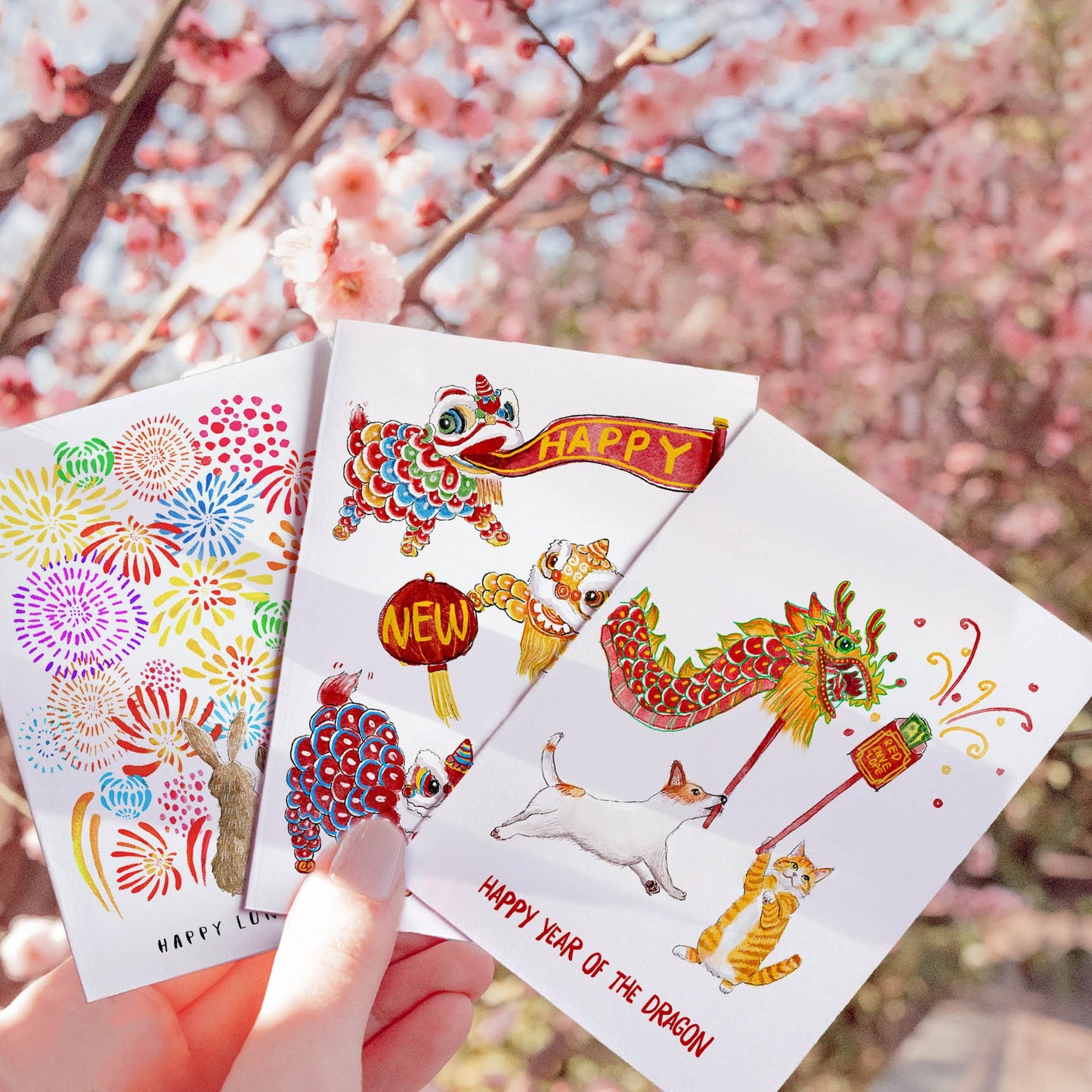 Lion Dance Happy Lunar New Year Cards Set - 2024 Chinese New Year Card For Kids - The Year Of The Dragon