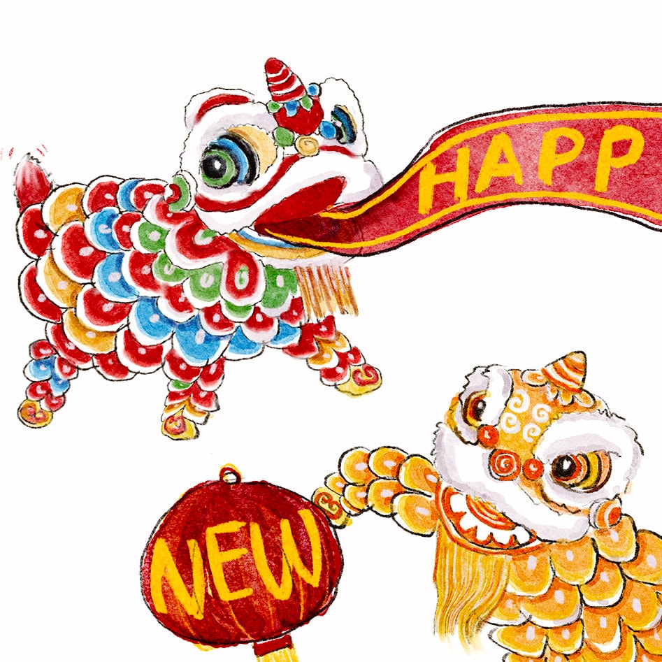 Lion Dance Happy Lunar New Year Cards Set - 2024 Chinese New Year Card For Kids - The Year Of The Dragon