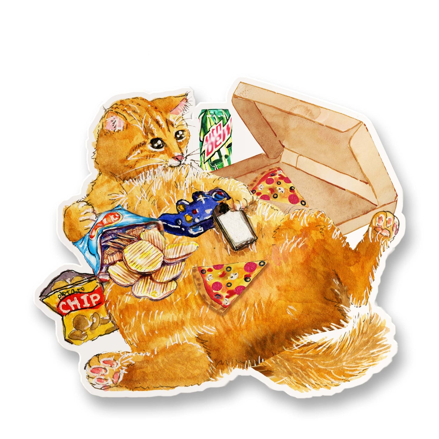 Cat Snacking Gamer Sticker - Pizza Snack Food Sticker For Video Gaming - Nerdy Gamer Vinyl Sticker Waterproof