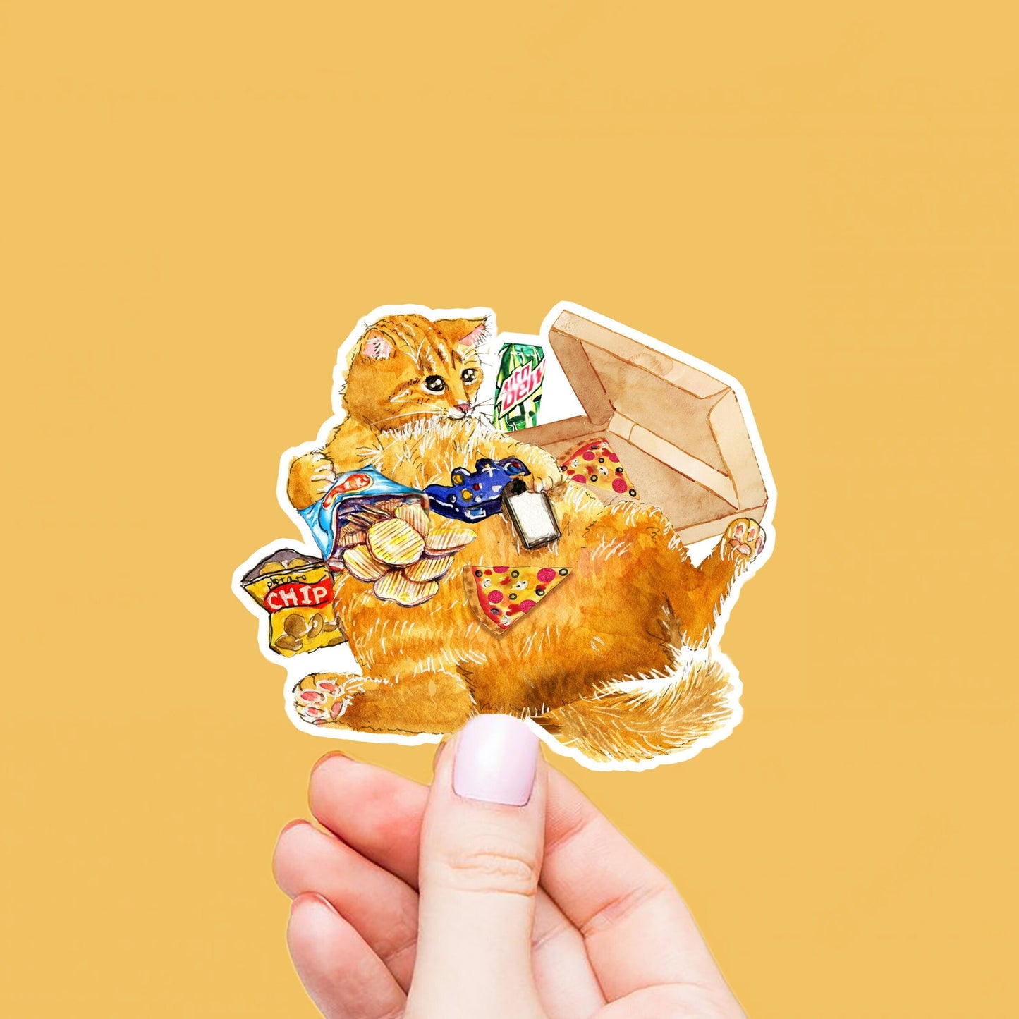 Cat Snacking Gamer Sticker - Pizza Snack Food Sticker For Video Gaming - Nerdy Gamer Vinyl Sticker Waterproof