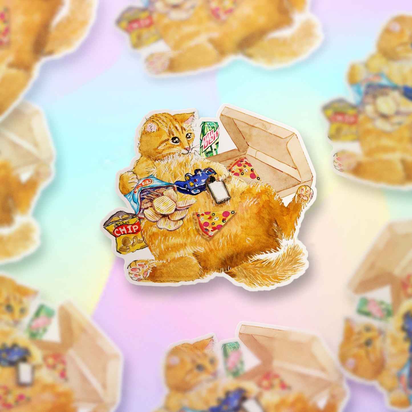 Cat Snacking Gamer Sticker - Pizza Snack Food Sticker For Video Gaming - Nerdy Gamer Vinyl Sticker Waterproof