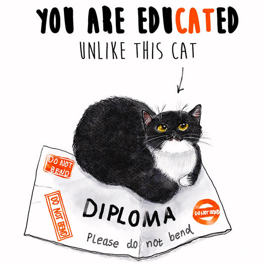 Black and white tuxedo cat lounges on a bent diploma in a cute and funny graduation card. Caption: 'You are edu-cat-ed, unlike this cat—congratulations!' Ideal for cat lovers and recent grads with a sense of humor.
