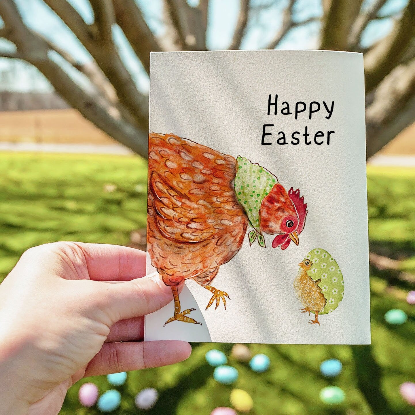 Spring Chicken Easter Eggs Card - Funny Easter Cards For Kids - Liyana Studio Greeting Cards Handmade