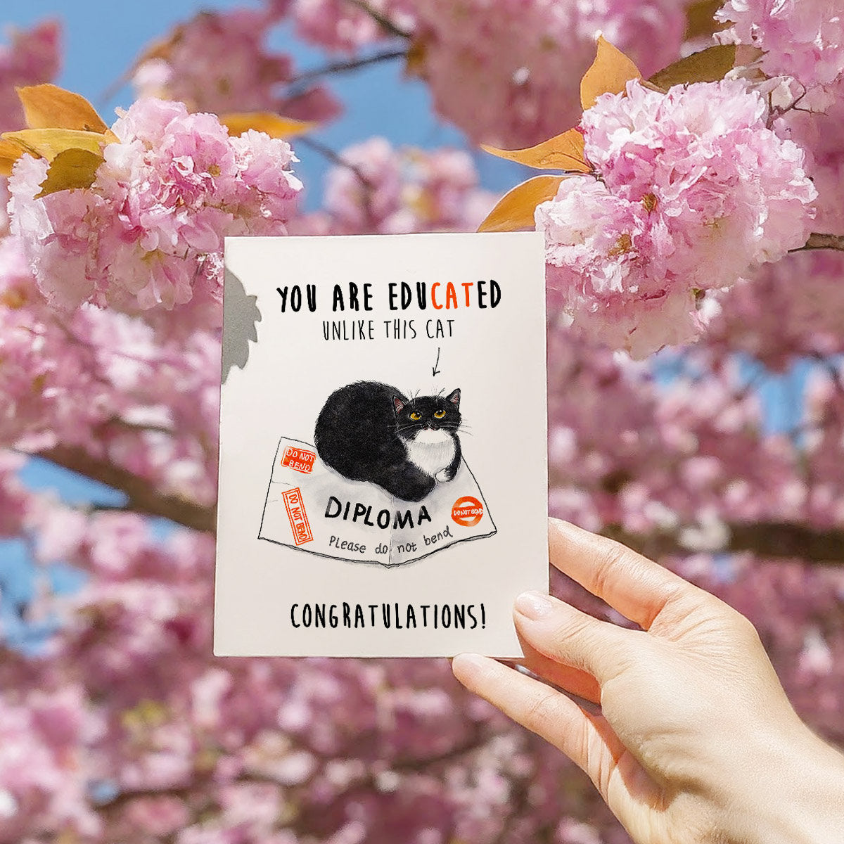 Black and white tuxedo cat lounges on a bent diploma in a cute and funny graduation card. Caption: 'You are edu-cat-ed, unlike this cat—congratulations!' Ideal for cat lovers and recent grads with a sense of humor.
