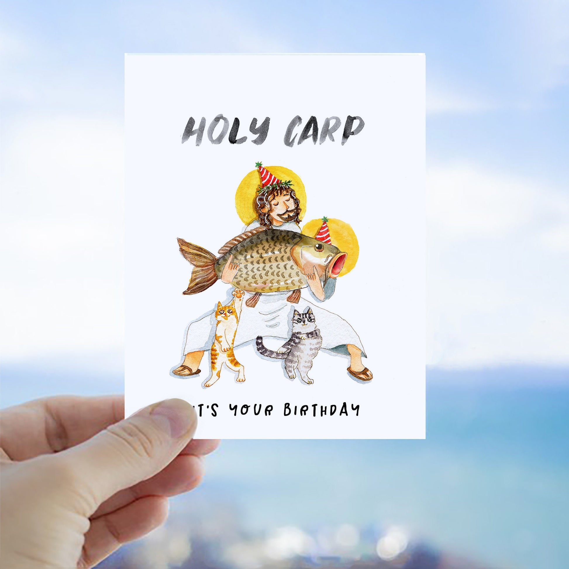 Jesus Holy Carp Birthday Card Funny - Happy Birthday Fish Christian Gifts - Liyana Studio Greeting Cards Handmade