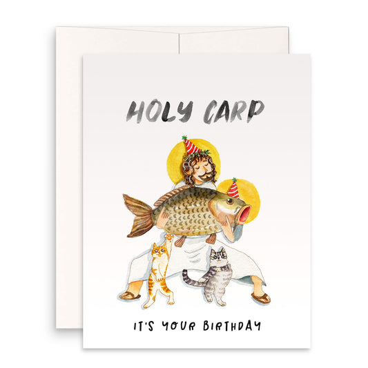 Jesus Holy Carp Birthday Card Funny - Happy Birthday Fish Christian Gifts - Liyana Studio Greeting Cards Handmade