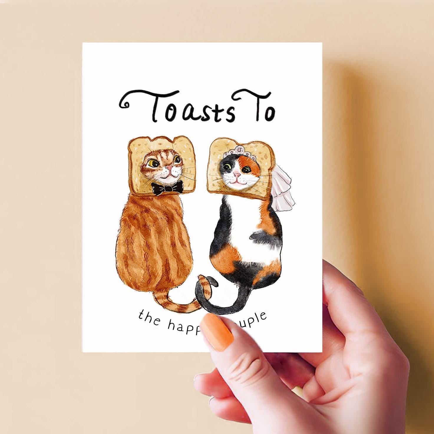 Cat Toast Funny Wedding Card - Wedding Toasts To Happy Couple - Engagement Card For Bridal Shower Gifts - Liyana Studio Handmade Greetings