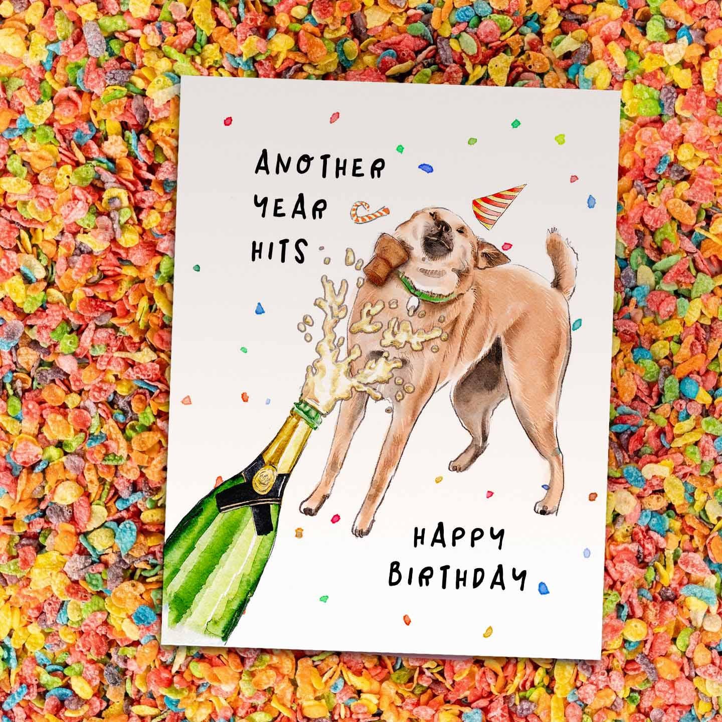 Another Year Hits Dog Funny Birthday Card For Her - Champagne Bottle Open Shiba Inu Dog Lover Gifts For Brother - Liyana Studio Handmade