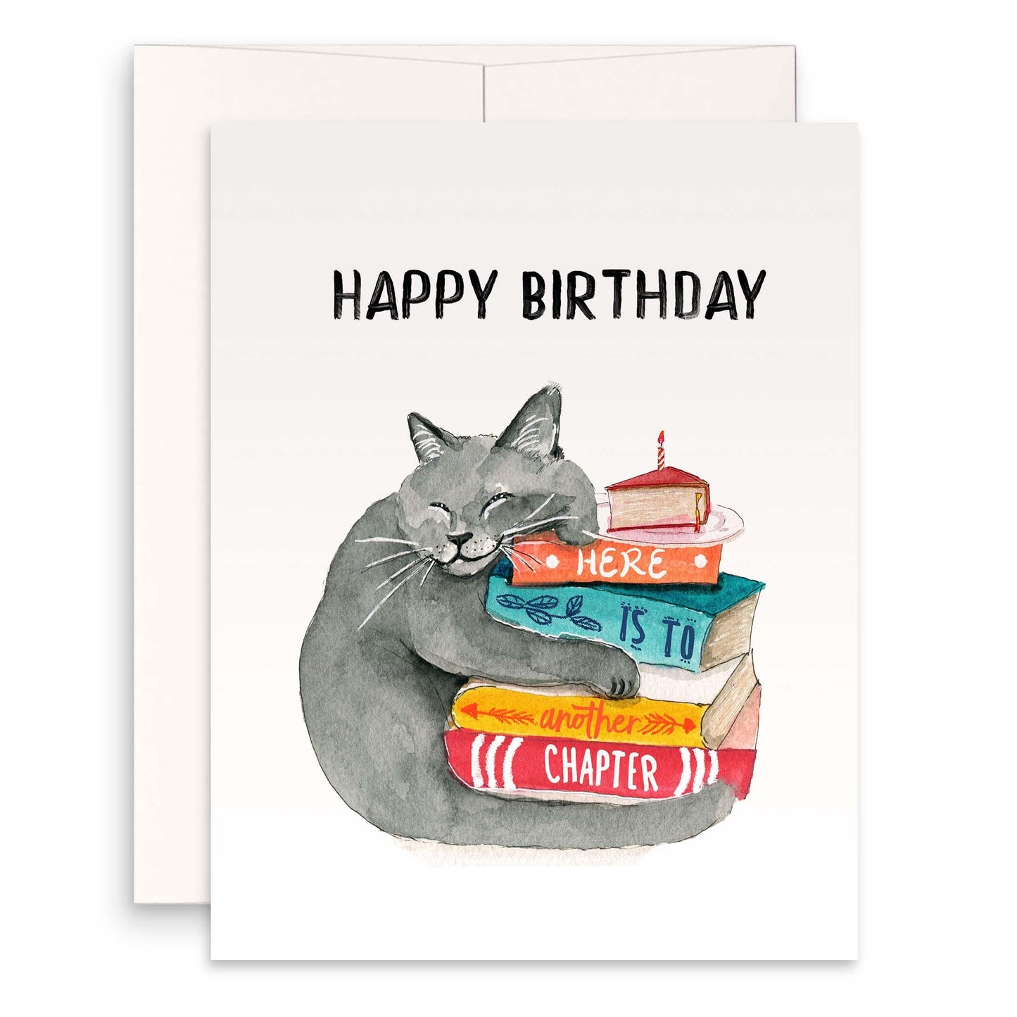 Gray Cat Book Birthday Cards Funny - Happy Birthday Cat Mom Literary Gift For Book Lover - Liyana Studio Handmade Greeting Cards
