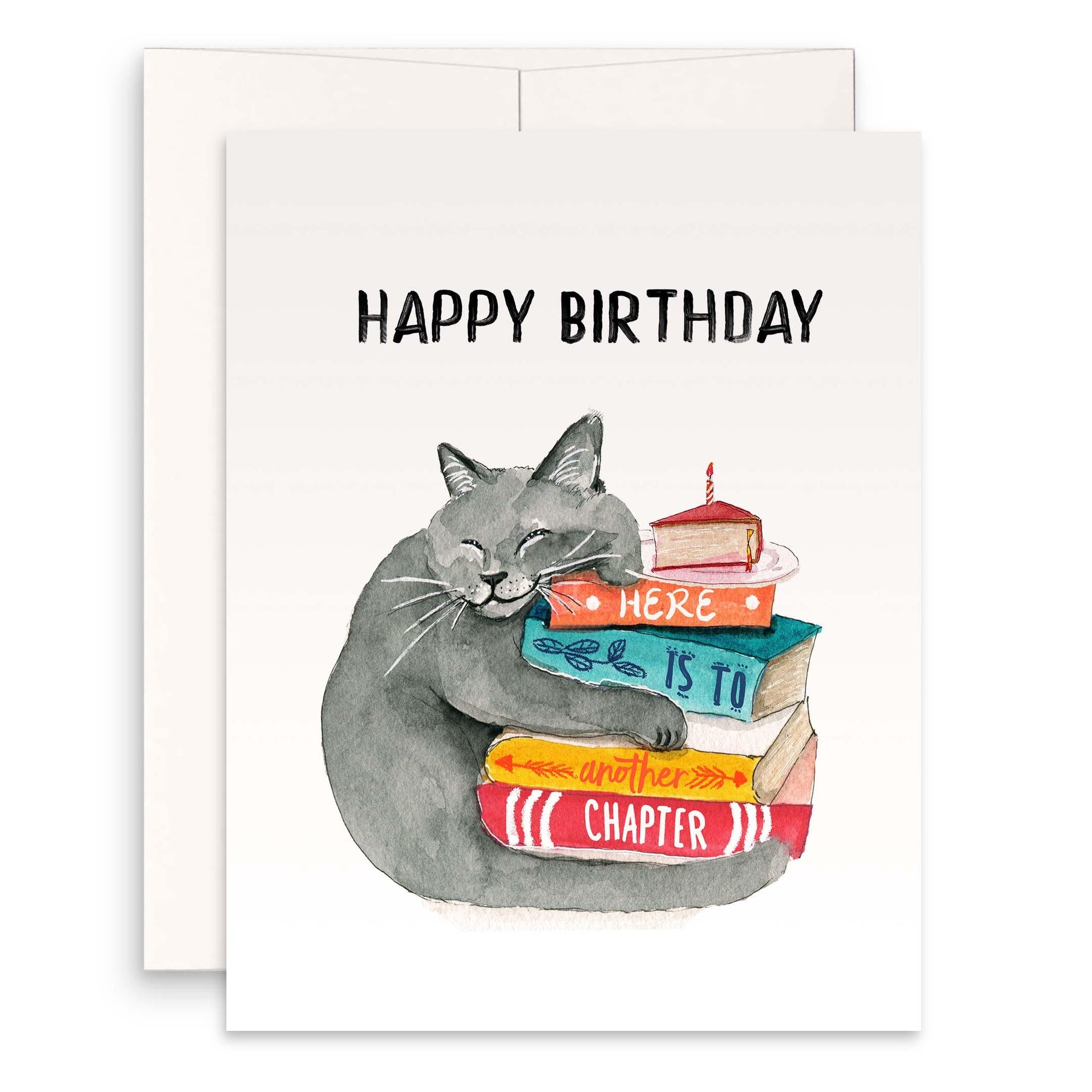 Gray Cat Book Birthday Cards Funny - Happy Birthday Cat Mom Literary Gift For Book Lover - Liyana Studio Handmade Greeting Cards