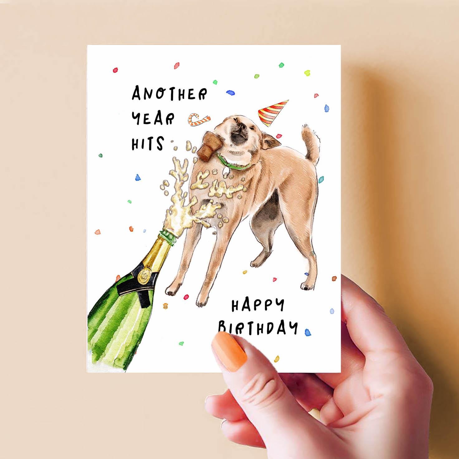 Another Year Hits Dog Funny Birthday Card For Her - Champagne Bottle Open Shiba Inu Dog Lover Gifts For Brother - Liyana Studio Handmade