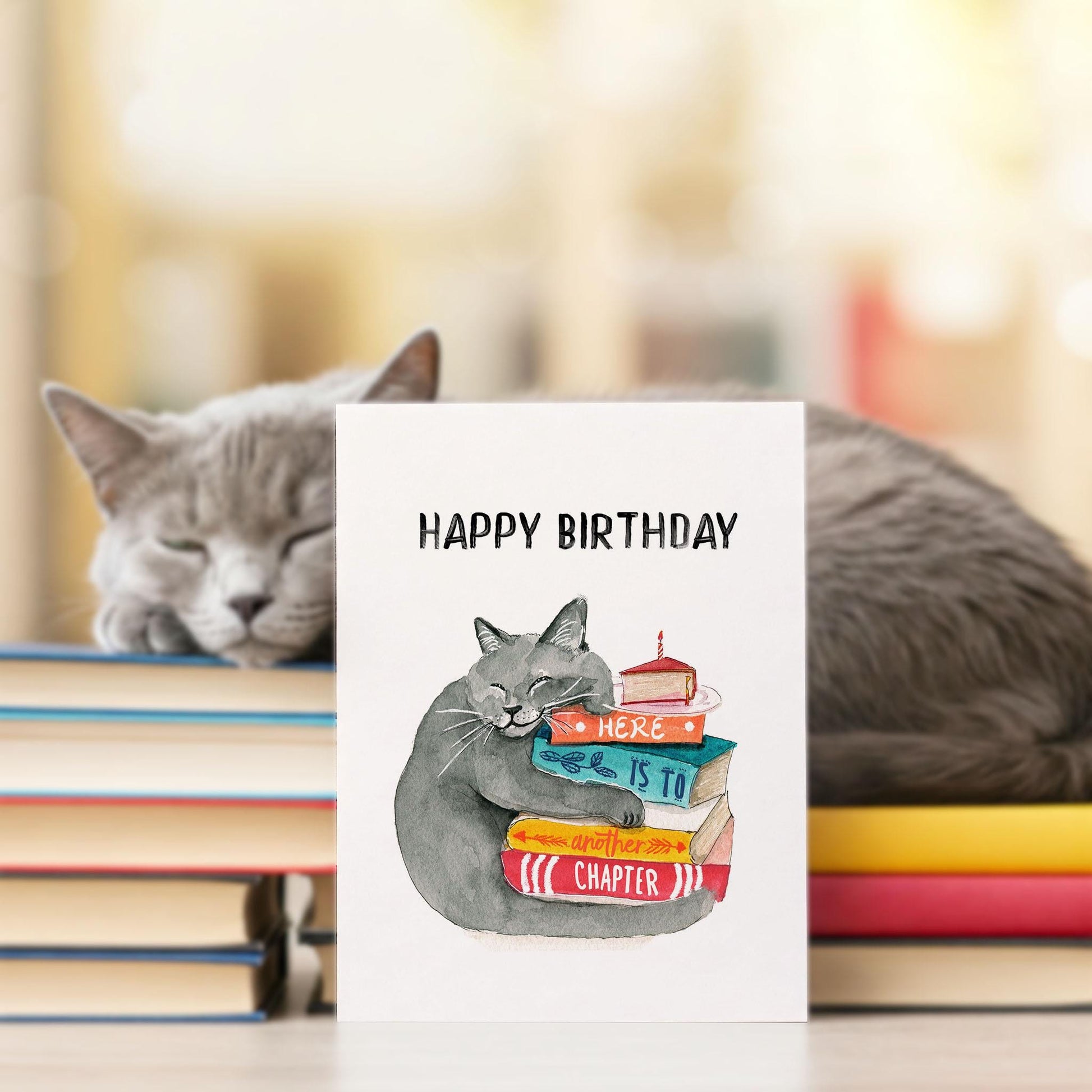 Gray Cat Book Birthday Cards Funny - Happy Birthday Cat Mom Literary Gift For Book Lover - Liyana Studio Handmade Greeting Cards