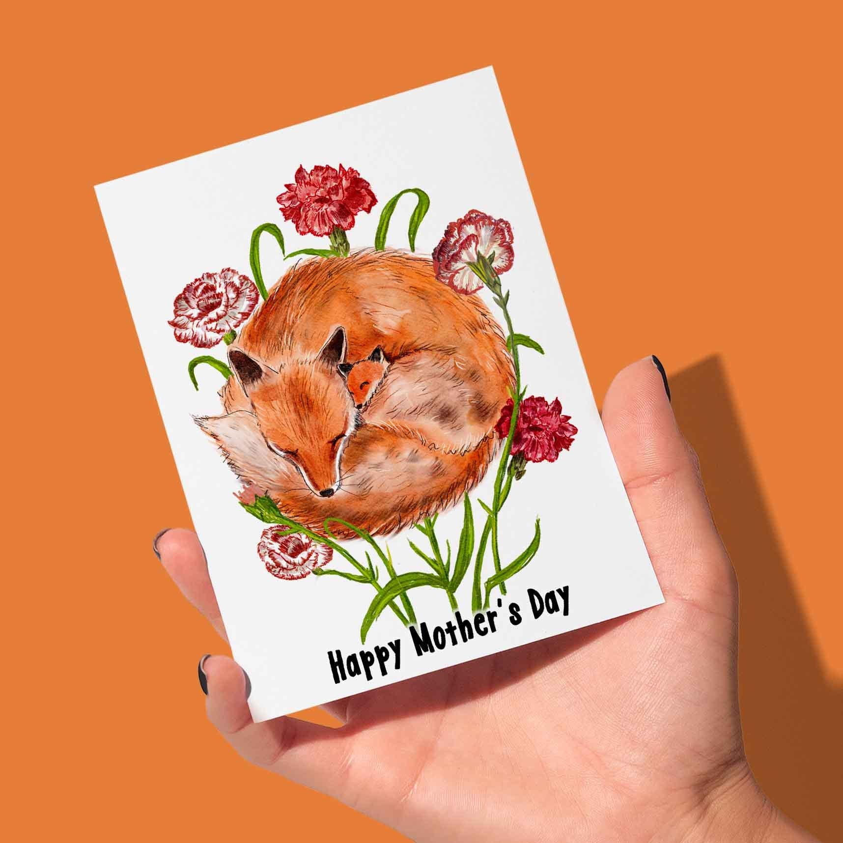 Red Fox Mom And Baby Happy Mothers Day Card - Carnation Flower Mother's Day Card - First Mother's Day Card From Kid - Liyana Studio Handmade