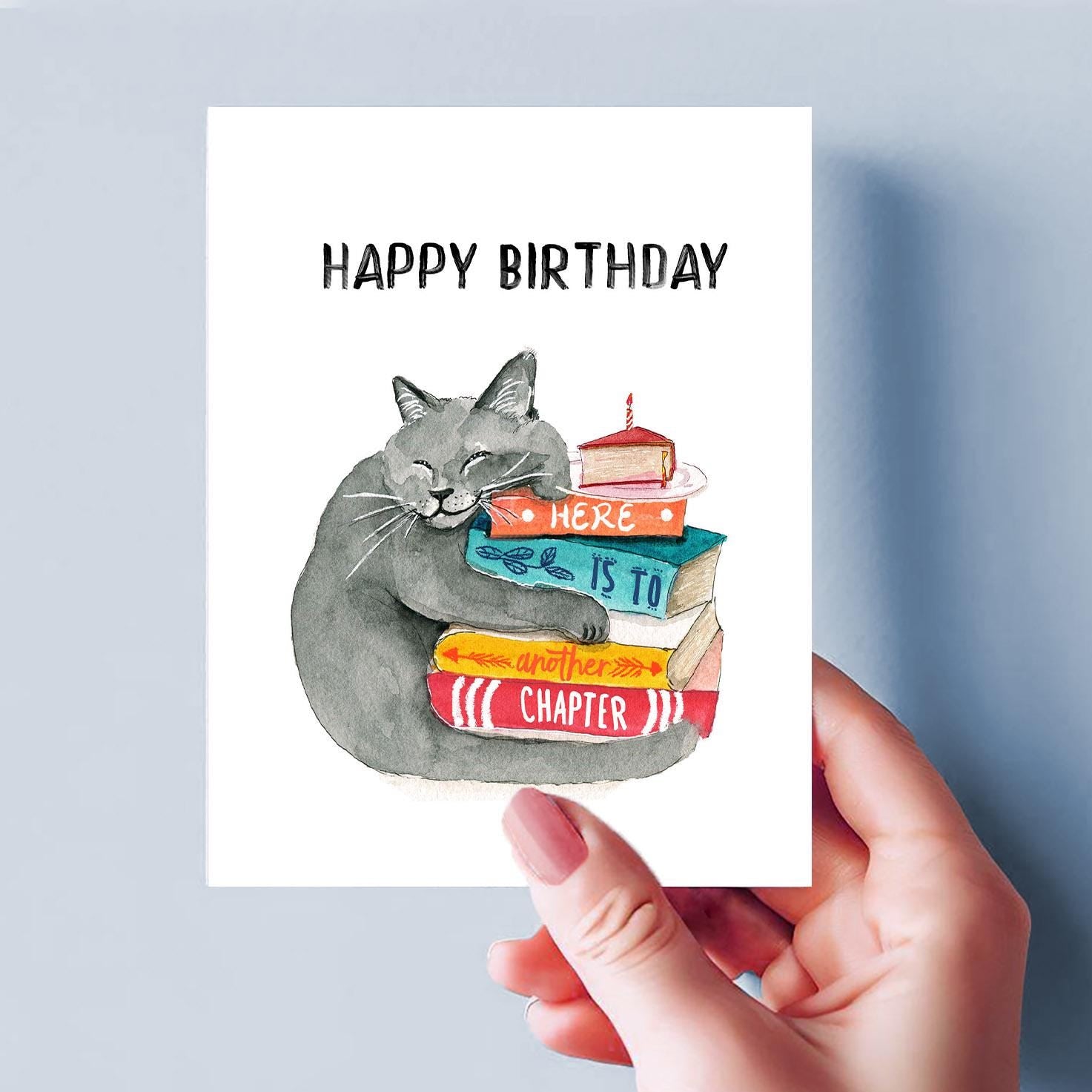 Gray Cat Book Birthday Cards Funny - Happy Birthday Cat Mom Literary Gift For Book Lover - Liyana Studio Handmade Greeting Cards
